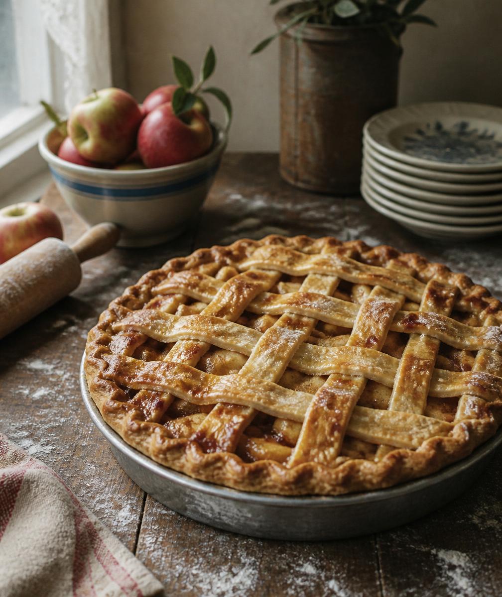 Homemade lattice-crust apple pie cooling on a rustic wooden table